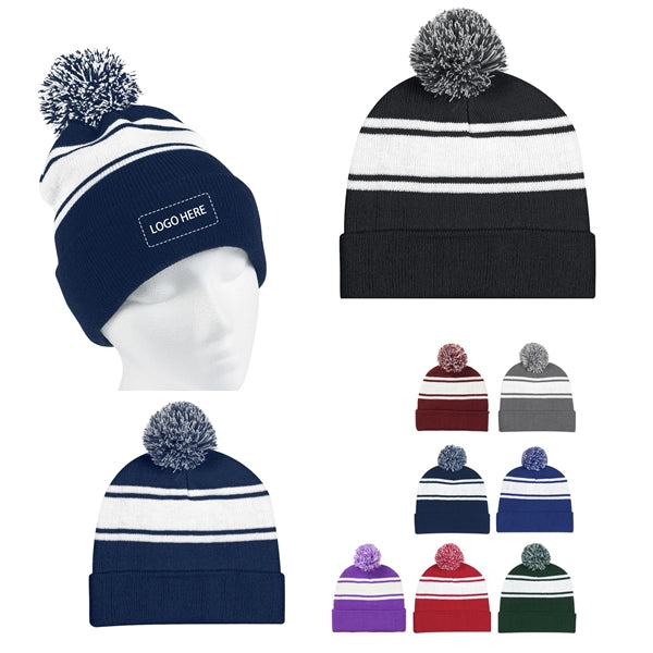 FREE SHIPPING Two-Tone Knit Pom Beanie with Cuff