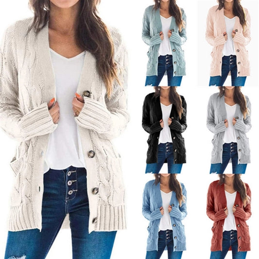 Women's Long Sleeve Knit Sweater Button Loose Outerwear