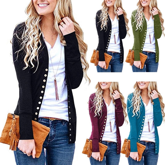 Women's Long Sleeve Snap Button Down Knit Neckline Cardigans