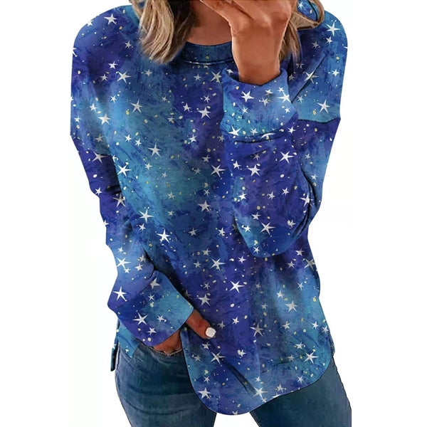 Long Sleeve Round Neck Casual Printed Blouses Tops T Shirts