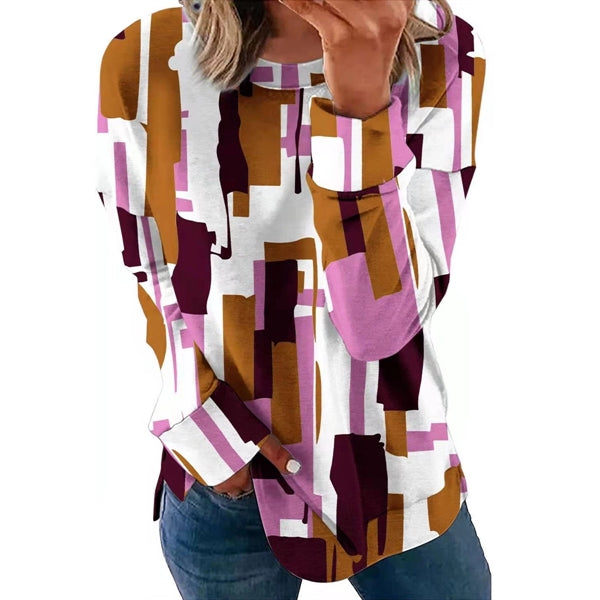 Long Sleeve Round Neck Casual Printed Blouses Tops T Shirts