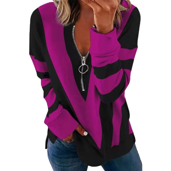 Long Sleeve Zipper V Neck Printed Tops T-Shirts