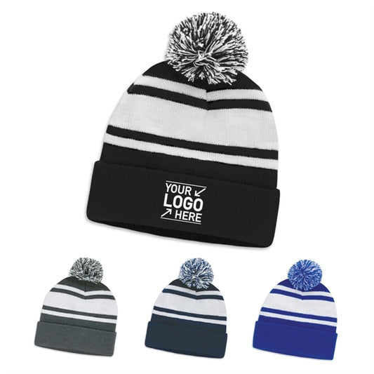 Two-Tone Knitted Pom Beanie Hat with Cuff