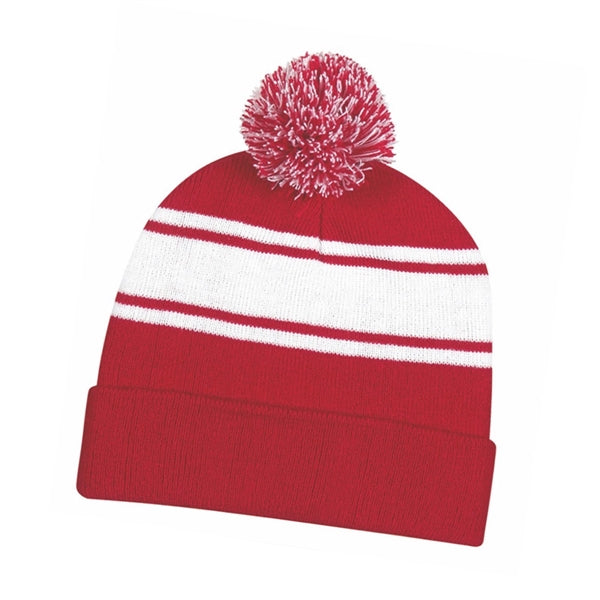 Two-Tone Knitted Pom Beanie Hat with Cuff