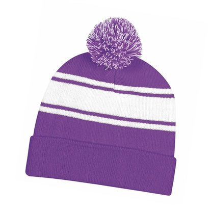 Two-Tone Knitted Pom Beanie Hat with Cuff