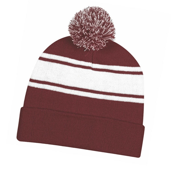 Two-Tone Knitted Pom Beanie Hat with Cuff