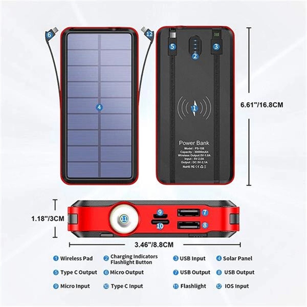 30000mAh Wireless Solar Charger Power Bank