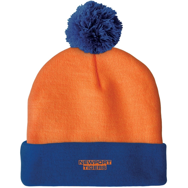 Knit Beanie with Pom and Cuff (Woven Logo)