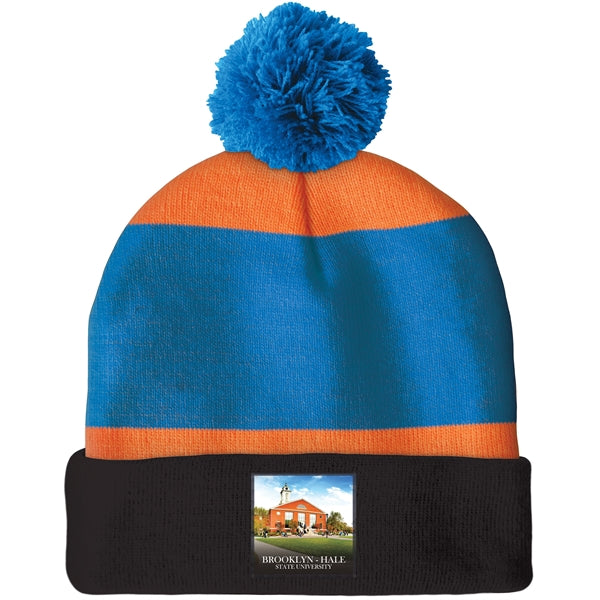 Knit Beanie with Pom and Cuff (Printed Logo)
