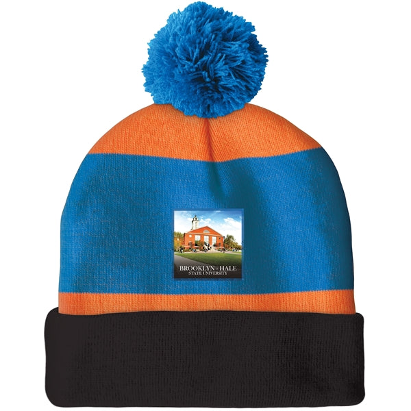 Knit Beanie with Pom and Cuff (Printed Logo)
