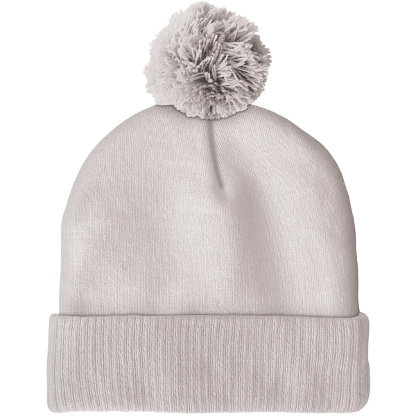 Knit Beanie with Pom and Ribbed Cuff (Embroidery Logo)