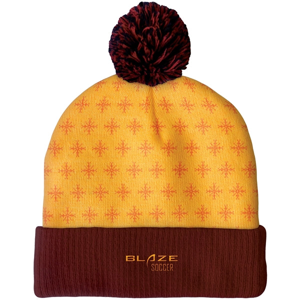Knit Beanie with Pom and Ribbed Cuff (Embroidery Logo)