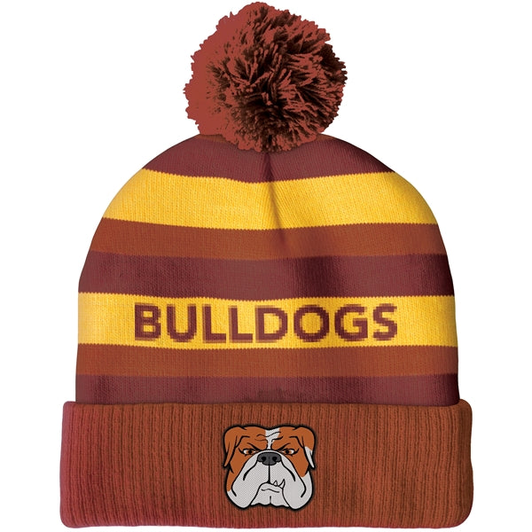 Knit Beanie with Pom and Ribbed Cuff (Woven Logo)
