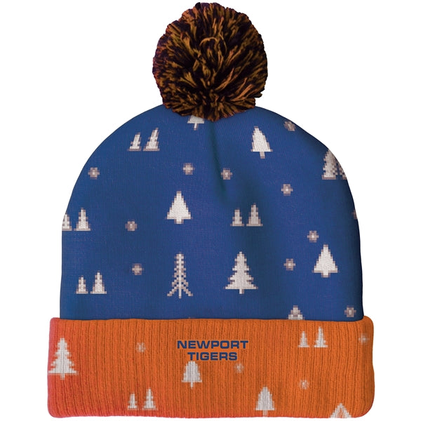 Knit Beanie with Pom and Ribbed Cuff (Woven Logo)