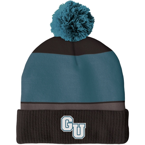 Knit Beanie with Pom and Ribbed Cuff (Woven Logo)