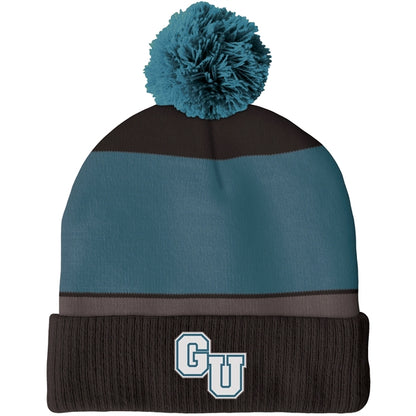 Knit Beanie with Pom and Ribbed Cuff (Woven Logo)