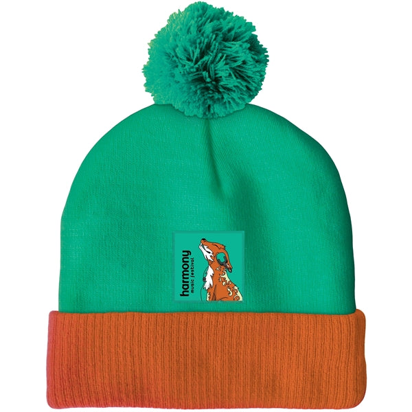 Knit Beanie with Pom and Ribbed Cuff (Printed Logo)