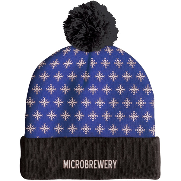 Knit Beanie with Pom and Ribbed Cuff (No Logo)