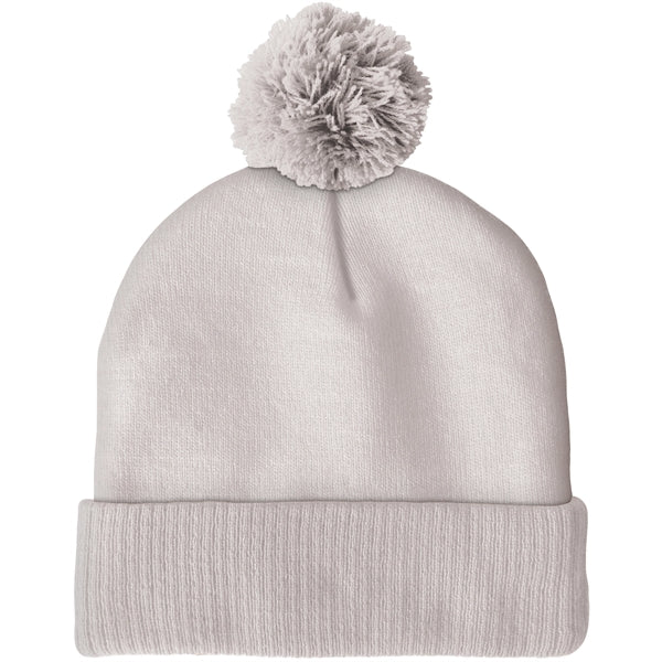 Knit Beanie with Pom and Ribbed Cuff (No Logo)