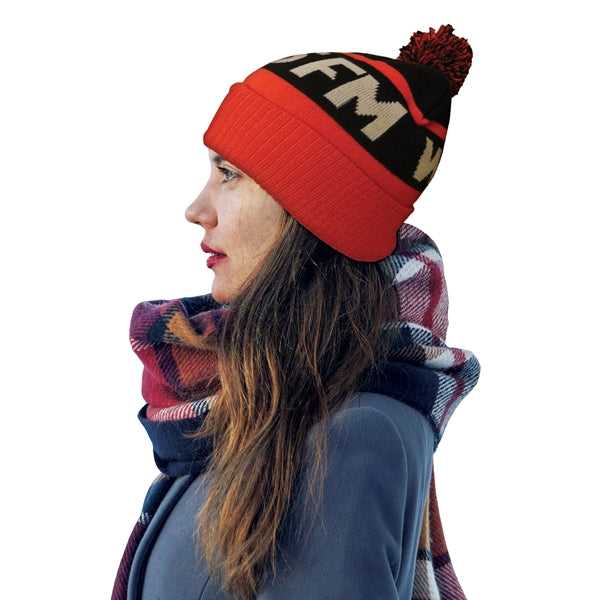 Knit Beanie with Pom and Ribbed Cuff (No Logo)