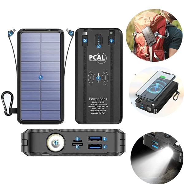 20,000 mAh Solar Wireless Charging Bank With Flashlight