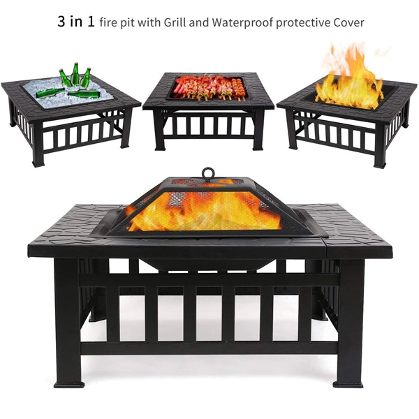 3 in 1 Metal Square Patio Firepit