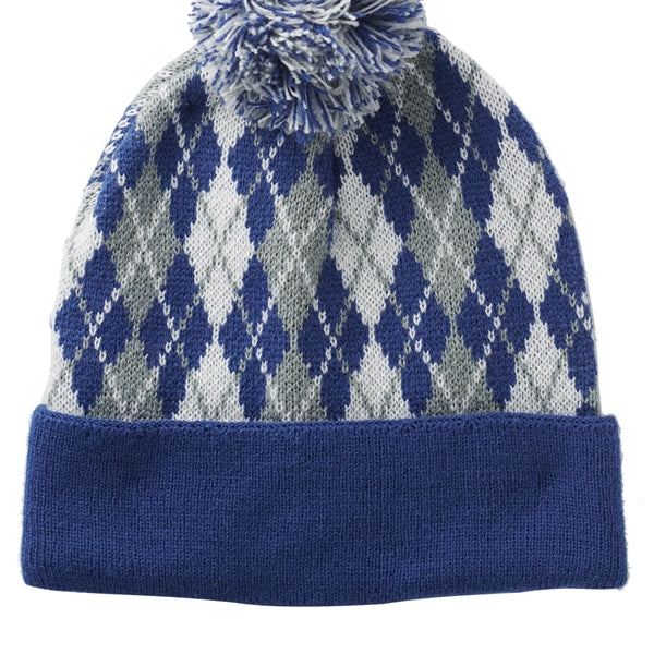 Diamond Pattern Knitted Pompom Beanie