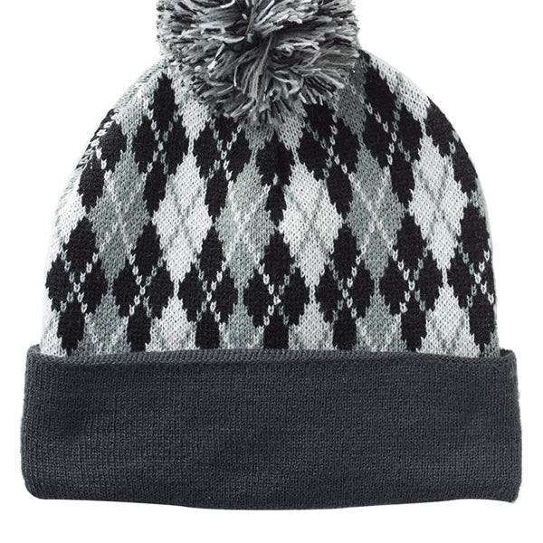 Diamond Pattern Knitted Pompom Beanie