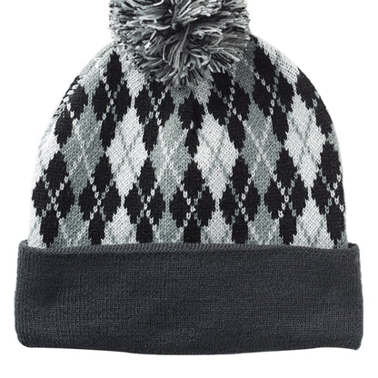 Diamond Pattern Knitted Pompom Beanie