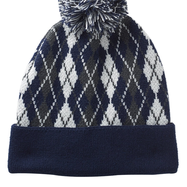 Diamond Pattern Knitted Pompom Beanie