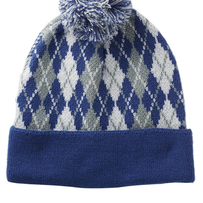 Diamond Pattern Knitted Pompom Beanie