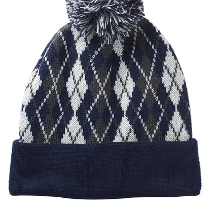 Diamond Pattern Knitted Pompom Beanie
