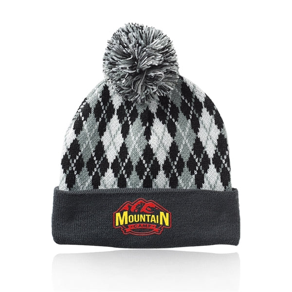 Diamond Pattern Knitted Pompom Beanie