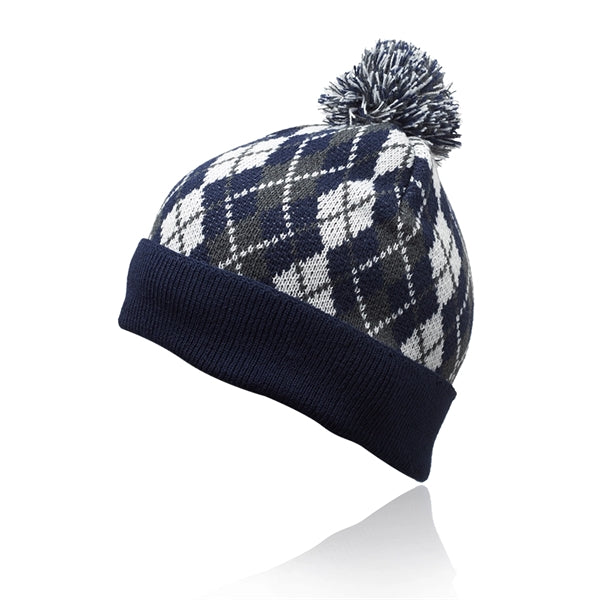 Diamond Pattern Knitted Pompom Beanie