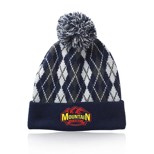 Diamond Pattern Knitted Pompom Beanie