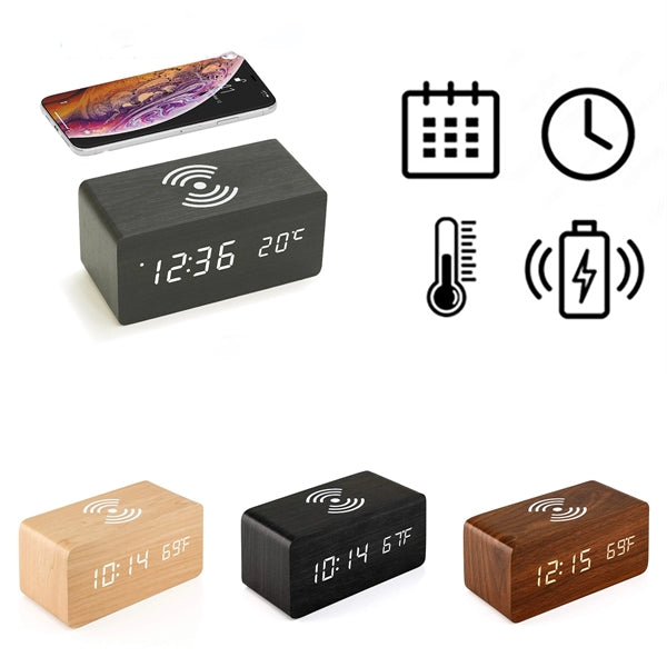 Wooden Digital Alarm Clock with Wireless Charging