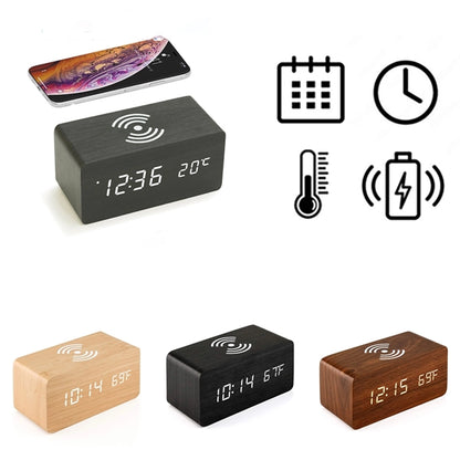 Wooden Digital Alarm Clock with Wireless Charging