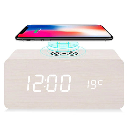 Wooden Digital Alarm Clock with Wireless Charging