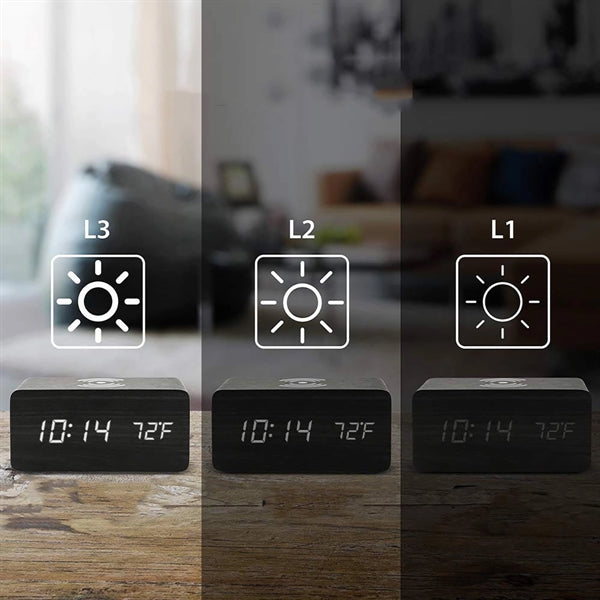 Wooden Digital Alarm Clock with Wireless Charging