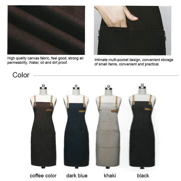 14 oz Thick Canvas Kitchen Apron w/ Cross Straps & 3 Pockets