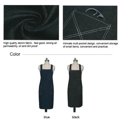 Cotton Denim Kitchen Aprons w/ Cross Strap & 3 pockets