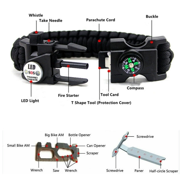 Paracord Survival Bracelet Outdoor SOS Whistle LED Compass
