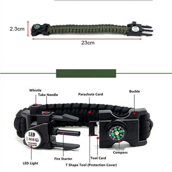 Paracord Survival Bracelet Outdoor SOS Whistle LED Compass