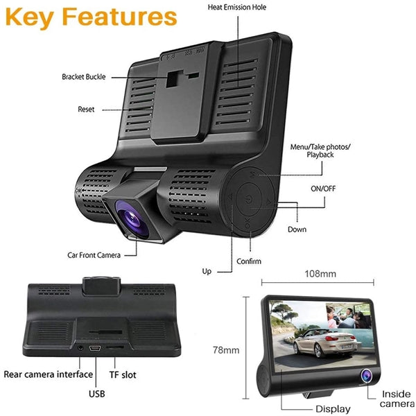 3 Lens Cameras Car Dash Cam with 4 inch Reverse Full Screen