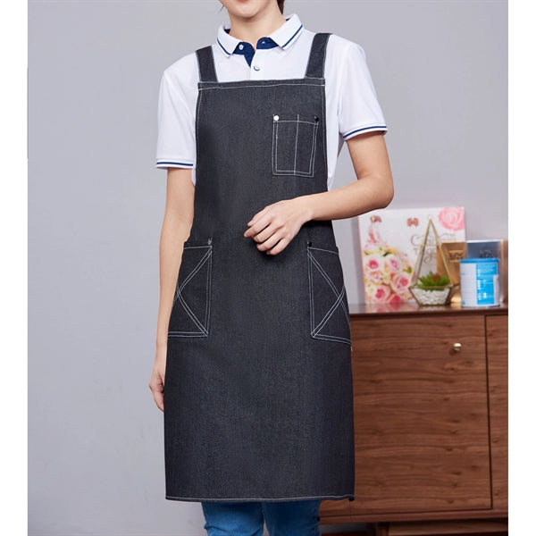 Cotton Denim Kitchen Aprons w/ Cross Strap & 3 pockets