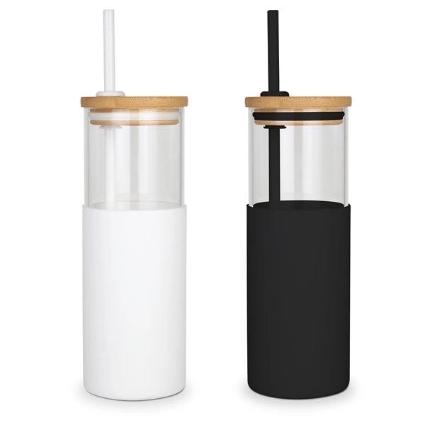 Antigua - 24oz. Glass Tumbler w/Bamboo Lid, Silicone Sleeve