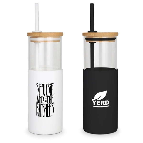 Antigua - 24oz. Glass Tumbler w/Bamboo Lid, Silicone Sleeve