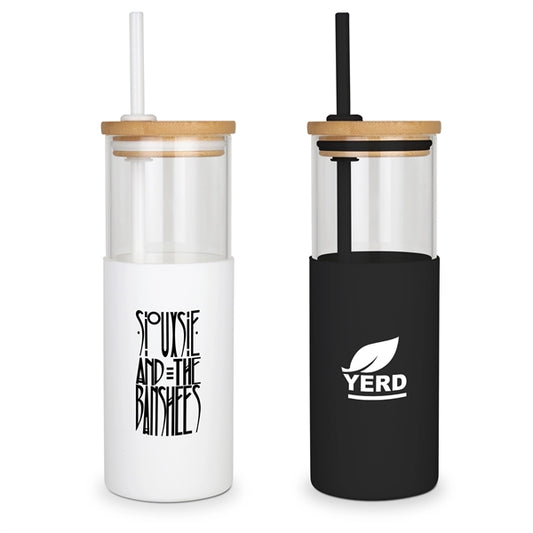Antigua - 24oz. Glass Tumbler w/Bamboo Lid, Silicone Sleeve