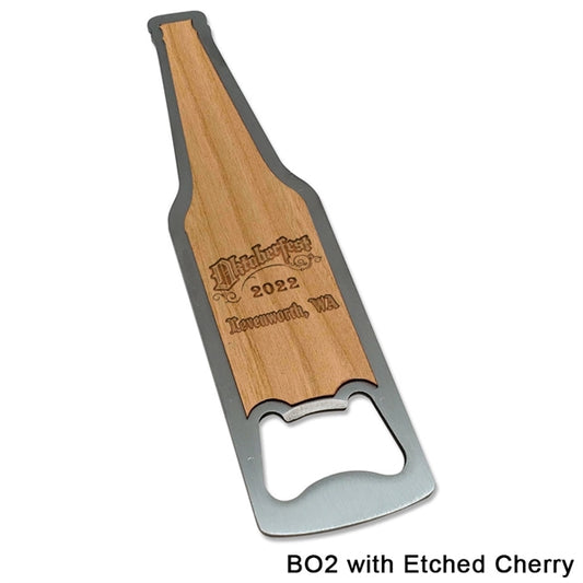 Laser etched Metal Opener - Maple or Cherry Wood Imprint