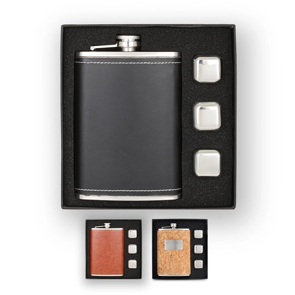 Leatherette Wrapped Flask & Whiskey Cubes